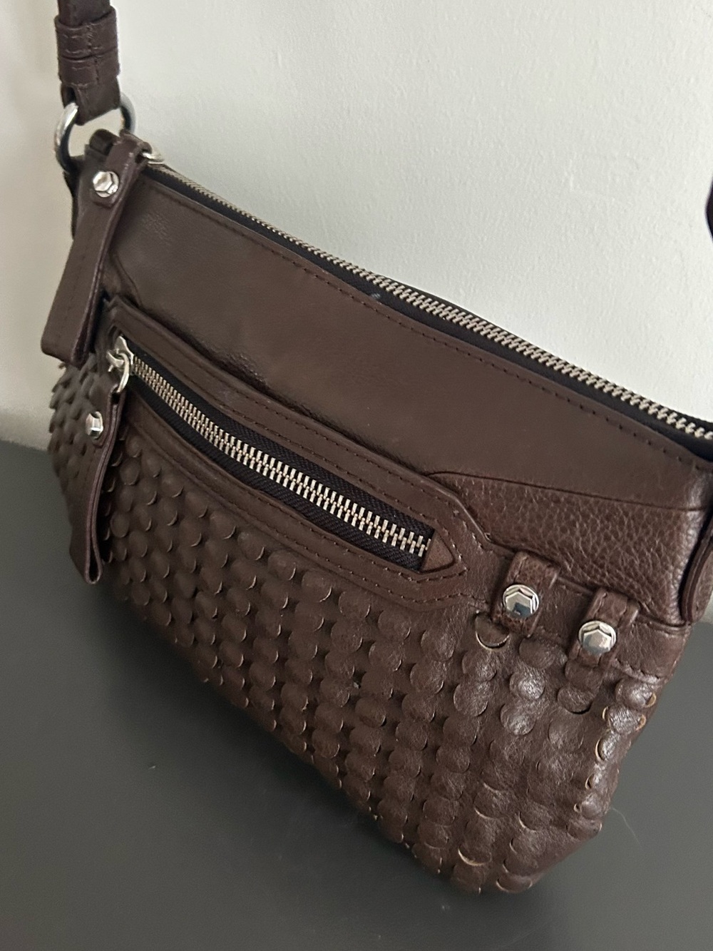 Oryany Brown Woven Leather Crossbody Shoulder Bag Silver Hardware - Picture 9 of 12